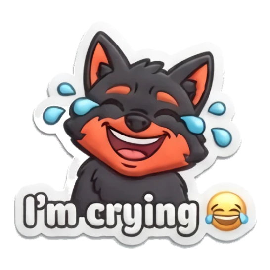 Laughing wolf with tears of joy saying I'm crying Puffy Wolf Moods sticker for expressive chats and social replies.