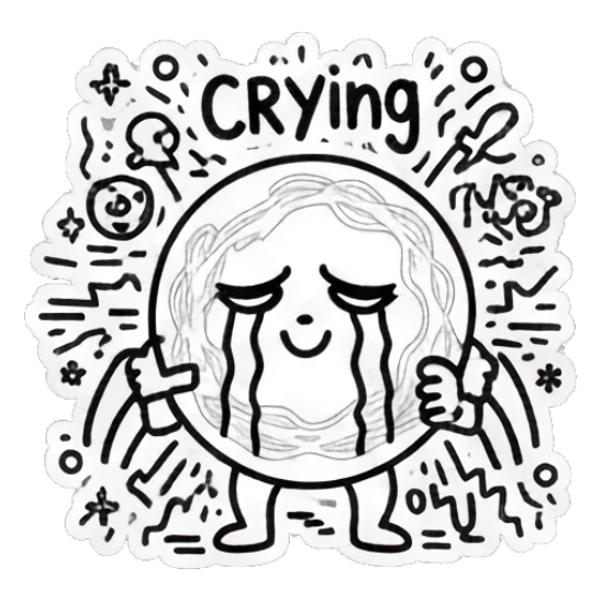 Round doodle character sobbing with hands on face and 'CRYING' text. Doodle Doodle Expressions sticker for expressive chats and social replies.