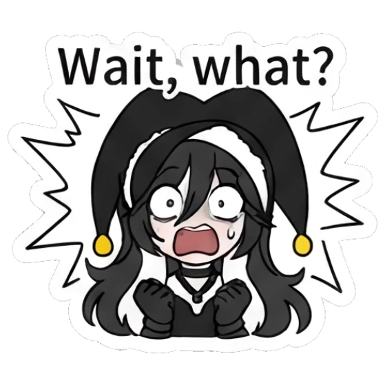 Jester girl looking shocked with 'Wait, what?' text Jester Girl Daily Moods sticker for expressive chats and social replies.