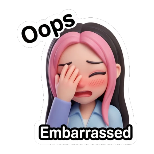 Embarrassed girl covering face with hand and text Oops Pink-Haired Trendy Girl sticker for expressive chats and social replies.