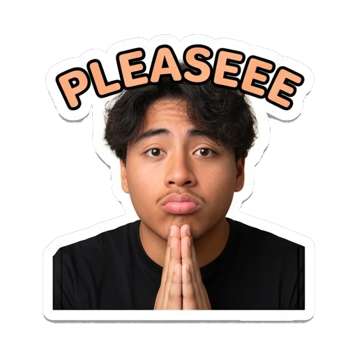 Young man pleading with hands together, text 'PLEASEEE' Daily Life of a Cool Guy sticker for expressive chats and social replies.