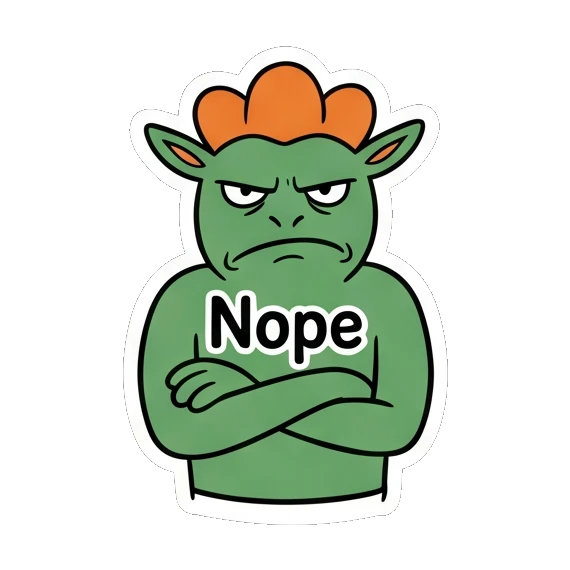 Stern green goblin with crossed arms, text Nope Green Goblin Mischief sticker for expressive chats and social replies.