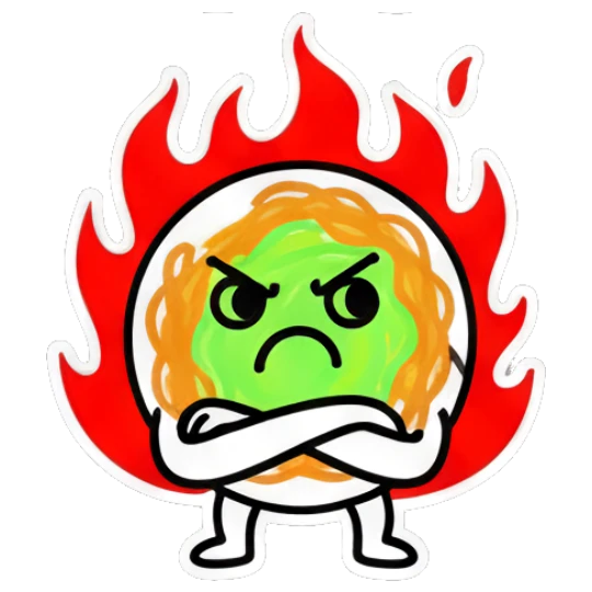 Noodle character looking angry in flames with crossed arms Noodle Buddy Vibes sticker for expressive chats and social replies.