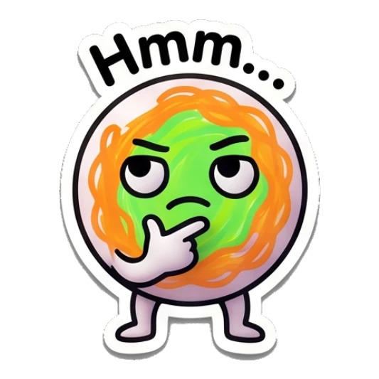 Citrus character looking thoughtful with hand on chin and text Hmm... Citrus Buddy Adventures sticker for expressive chats and social replies.