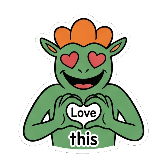 Happy green goblin making heart shape with hands, text Love this Green Goblin Mischief sticker for expressive chats and social replies.