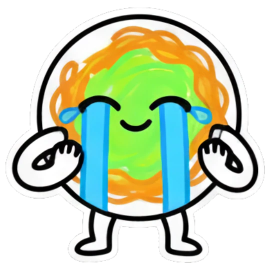 Noodle character sobbing with blue tears and white outline Noodle Buddy Vibes sticker for expressive chats and social replies.