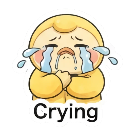 Sad crying duckling with tears streaming down. Little Yellow Duckling Moods sticker for expressive chats and social replies.