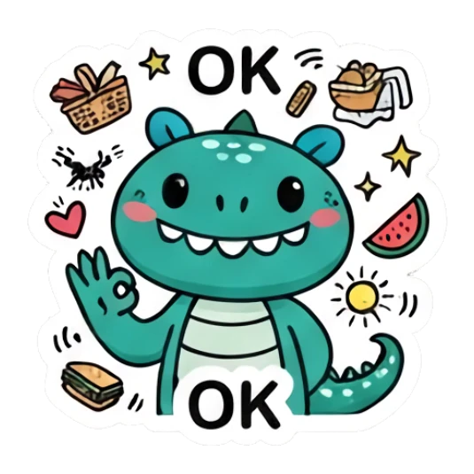 Green dinosaur giving an OK sign with picnic items and text OK Dino Pop Expressions sticker for expressive chats and social replies.
