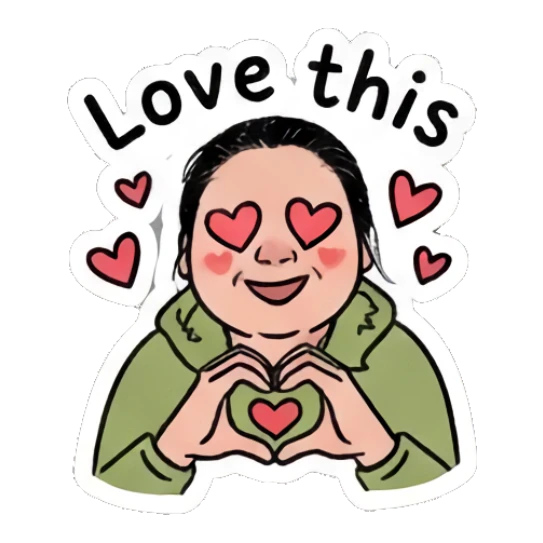 Girl making a heart shape with hands, text Love this Daily Moods of a Girl sticker for expressive chats and social replies.