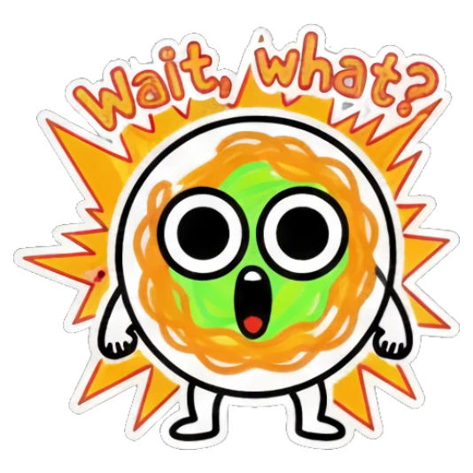 Spaghetti character with wide eyes and 'Wait, what?' text, looking shocked. Spaghetti Doodle Pals sticker for expressive chats and social replies.