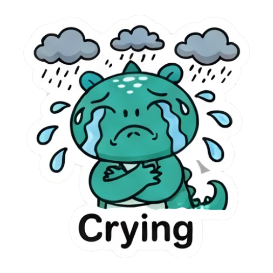 Sad green dinosaur under rain clouds with text Crying Dino Pop Expressions sticker for expressive chats and social replies.