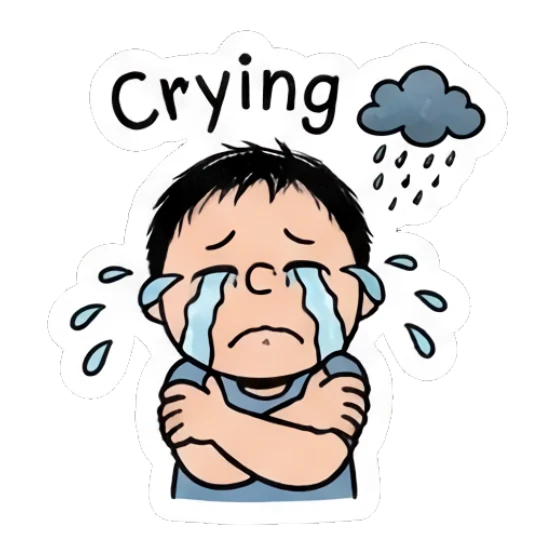 Boy crying with heavy tears and a rain cloud overhead. Daily Life of a Cartoon Boy sticker for expressive chats and social replies.