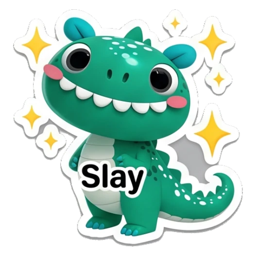 Teal dino posing confidently with sparkles and Slay text. Teal Dino Daily Moods sticker for expressive chats and social replies.