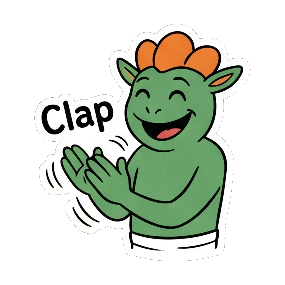 Happy green goblin clapping hands, text Clap Green Goblin Mischief sticker for expressive chats and social replies.