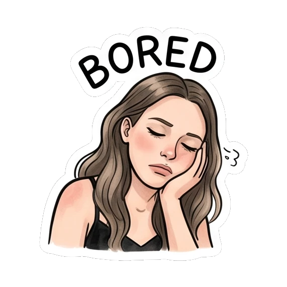 Bored girl resting head on hand, text BORED Daily Moods of a Girl sticker for expressive chats and social replies.