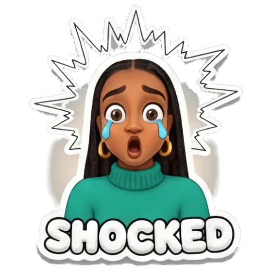 Young woman looking shocked with tears and explosive background, text 'SHOCKED' Vibrant Afro-Style Expressions sticker for expressive chats and social replies.