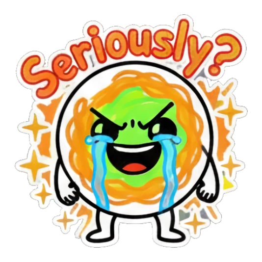 Spaghetti character crying loudly with 'Seriously?' text. Spaghetti Doodle Pals sticker for expressive chats and social replies.