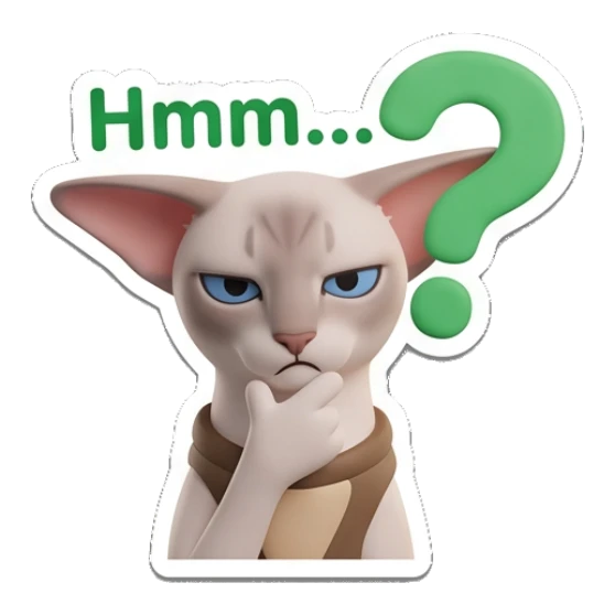 Sphynx cat thinking deeply with a question mark and text Hmm... Sphynx Cat Moods sticker for expressive chats and social replies.