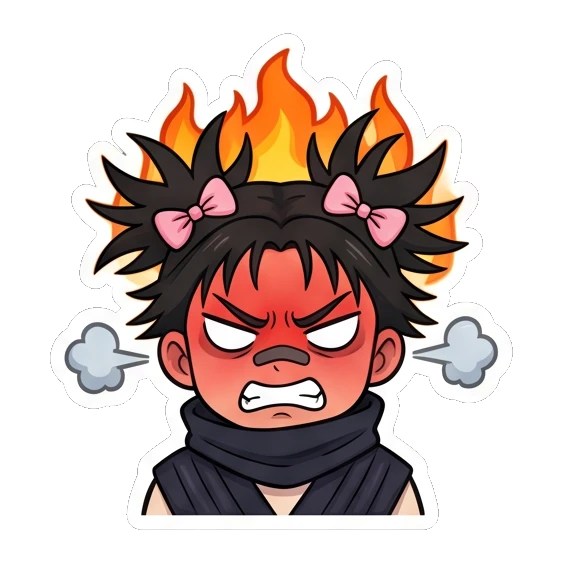 Ninja girl furious with fire and steam coming from her head. Spiky Hair Ninja Girl sticker for expressive chats and social replies.