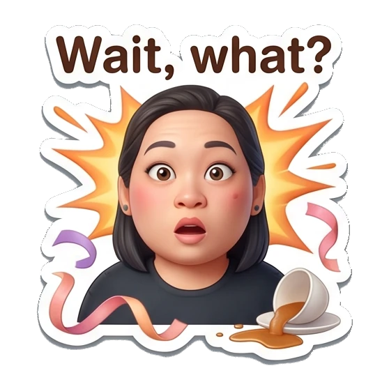 Woman looking shocked with confetti, text Wait, what? Coffee Lover Daily Expressions sticker for expressive chats and social replies.