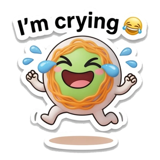 Noodle character jumping for joy with tears of laughter and text I'm crying Gym Noodle Buddies sticker for expressive chats and social replies.