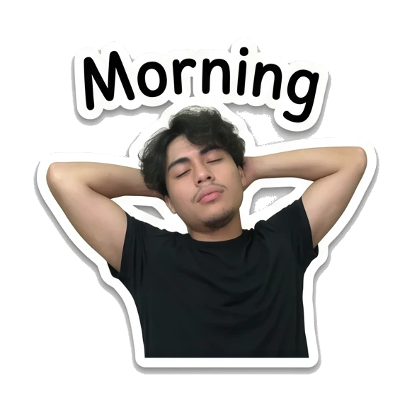 Young man stretching arms behind head with text Morning Daily Life of a Cool Guy sticker for expressive chats and social replies.