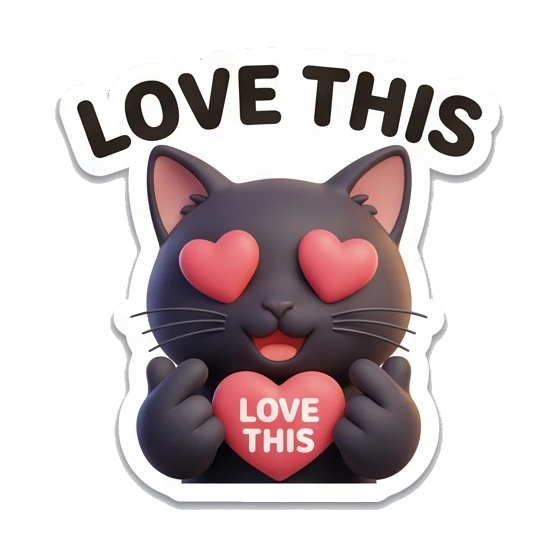 Black cat holding a heart with eyes as hearts, text Love This. Playful Black Cat Moods sticker for expressive chats and social replies.