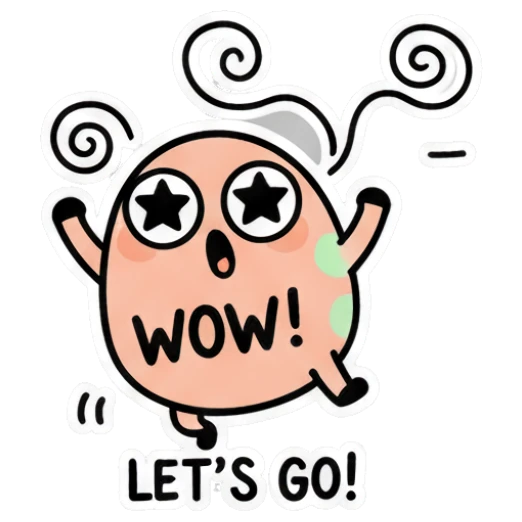 Pink egg character with star eyes jumping, text LET'S GO Little Pink Egg Adventures sticker for expressive chats and social replies.