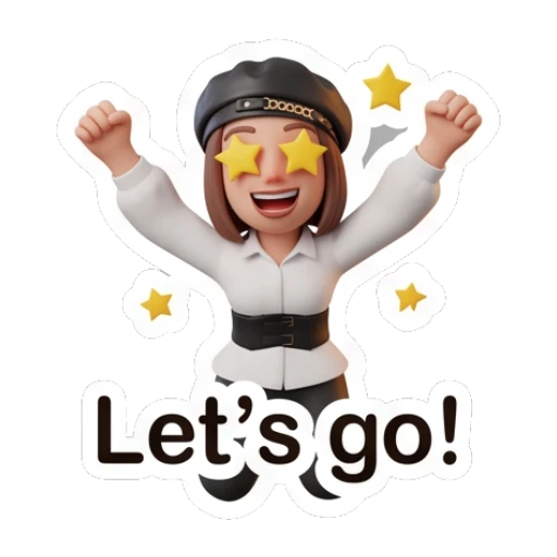 Excited girl in beret with star eyes, text Let's go! Chic Beret Girl sticker for expressive chats and social replies.