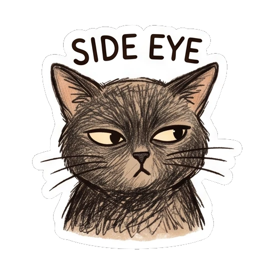 Skeptical black cat giving a side eye with SIDE EYE text Charcoal Sketch Kitties sticker for expressive chats and social replies.