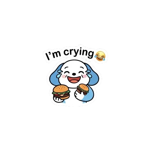 Happy puppy laughing with burger Blue Puppy Burger Buddy sticker for expressive chats and social replies.