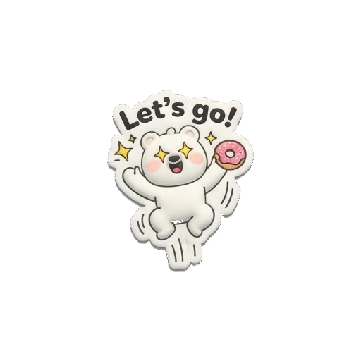 White bear jumping with joy, holding a donut, text says Let's go. Puffy Donut Bear sticker for expressive chats and social replies.