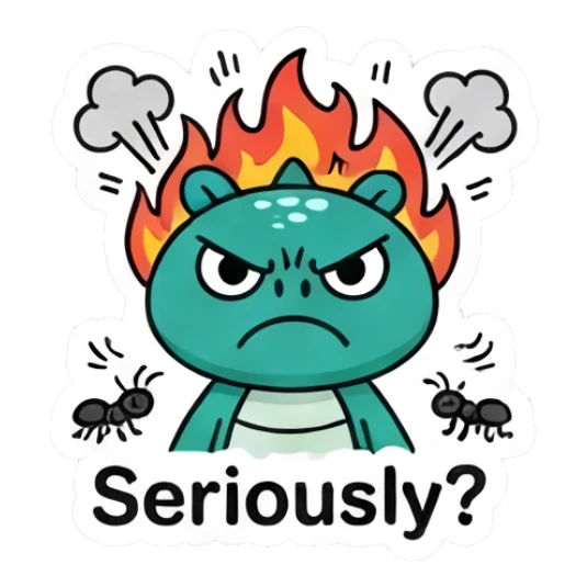 Angry green dinosaur with fire on head and text Seriously? Dino Pop Expressions sticker for expressive chats and social replies.