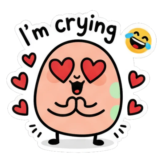 Happy egg with heart eyes and I'm crying text Doodle Egg Moods sticker for expressive chats and social replies.