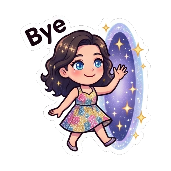 Girl waving goodbye while stepping through a portal Sparkly Curly Girl Daily sticker for expressive chats and social replies.