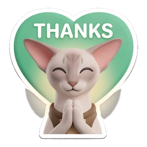 Sphynx cat praying with a heart background and text THANKS Sphynx Cat Moods sticker for expressive chats and social replies.