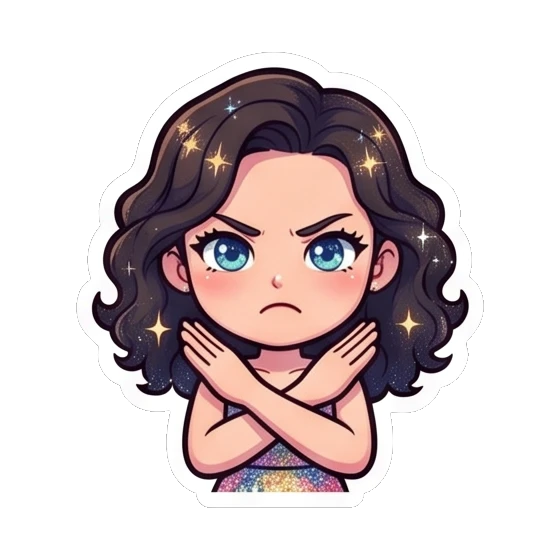Girl crossing arms with a grumpy, annoyed expression Sparkly Curly Girl Daily sticker for expressive chats and social replies.