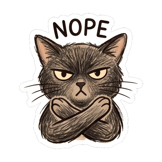 Stern black cat with crossed arms and NOPE text Charcoal Sketch Kitties sticker for expressive chats and social replies.