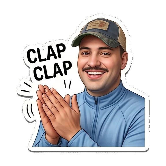 Man with mustache in cap clapping enthusiastically Mustache Guy Daily Vibes sticker for expressive chats and social replies.