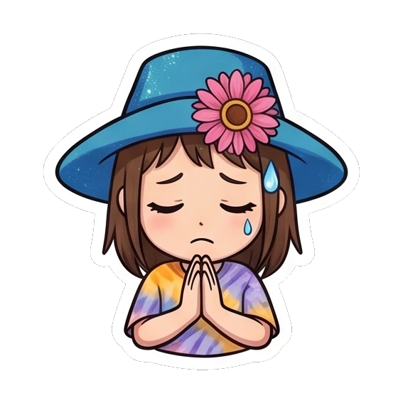 Girl in blue hat praying with sad expression and sweat drop Summer Hat Girl Adventures sticker for expressive chats and social replies.