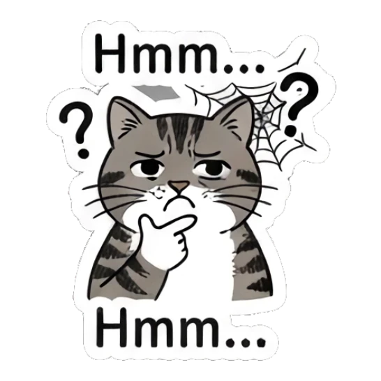 Thoughtful tabby cat with spider web, text Hmm... Spooky Tabby Cat Adventures sticker for expressive chats and social replies.