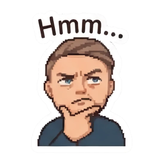 Pensive man resting chin on hand while thinking. Pixel Guy Daily Vibes sticker for expressive chats and social replies.