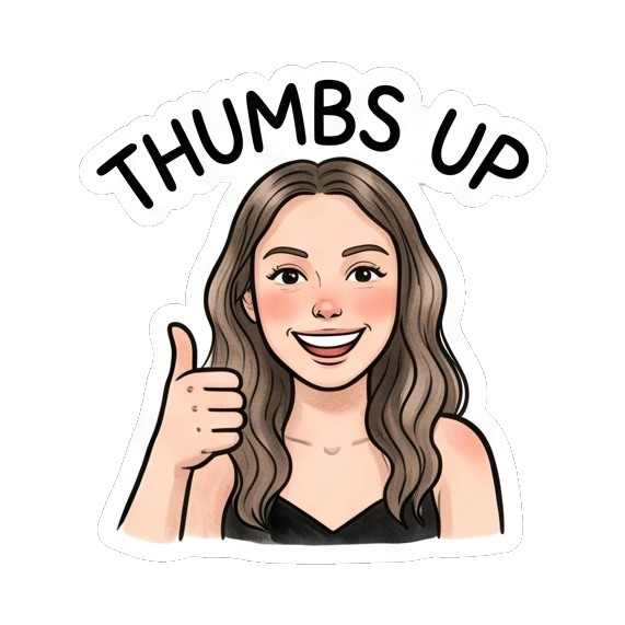 Happy girl giving a thumbs up, text THUMBS UP Daily Moods of a Girl sticker for expressive chats and social replies.
