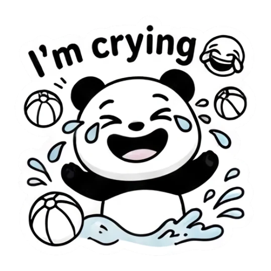 Happy panda crying tears of joy in water with balls Keith Haring Style Panda sticker for expressive chats and social replies.