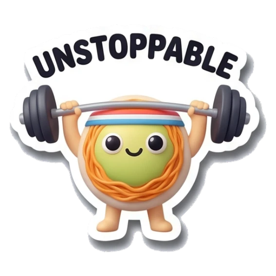 Noodle character lifting heavy barbell with UNSTOPPABLE text Gym Buddy Noodles sticker for expressive chats and social replies.