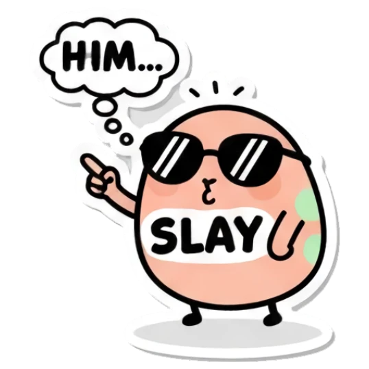 Sassy egg pointing and saying SLAY Cool Egg Vibes sticker for expressive chats and social replies.