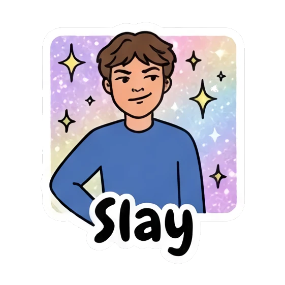 Boy looking confident with 'Slay' text Cool Guy Daily Vibes sticker for expressive chats and social replies.