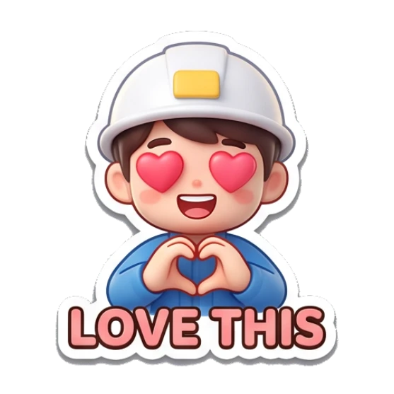 Construction girl making heart shape with hands saying LOVE THIS Yewab Construction Crew sticker for expressive chats and social replies.