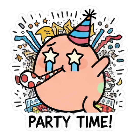 Doodle egg wearing a party hat and blowing a party horn, text PARTY TIME! Doodle Egg Adventures sticker for expressive chats and social replies.
