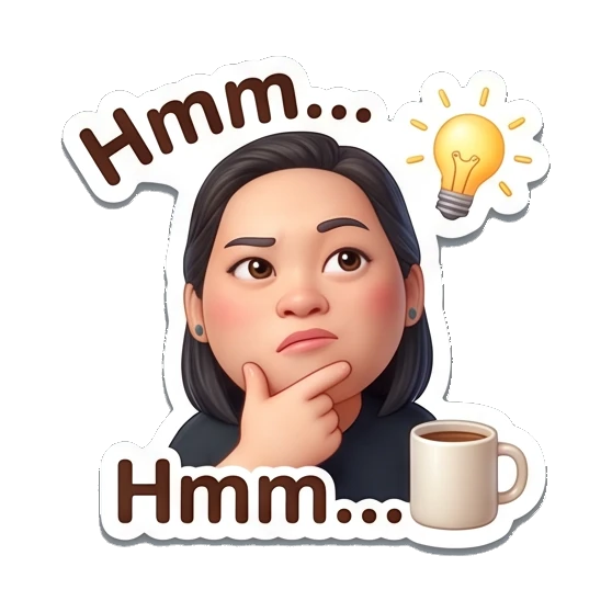 Woman thinking with lightbulb, text Hmm... Coffee Lover Daily Expressions sticker for expressive chats and social replies.